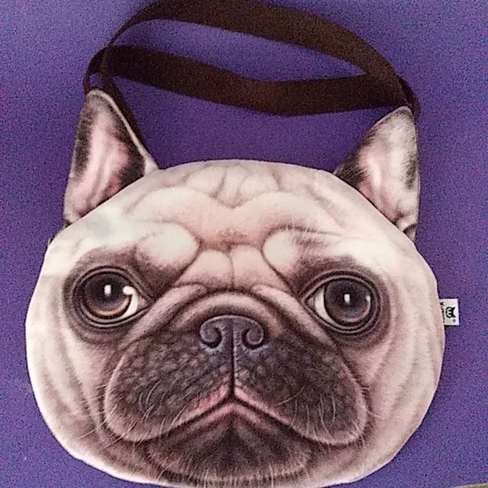 X-Dolls Pug Dog Face Tote Bag Top Zipper Double Straps Inside Pockets 13"